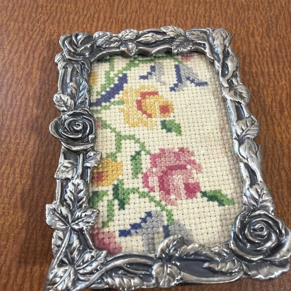 Handmade Cross Stitch Flowers In Ornamental Silver Toned Frame 2x3 Free Standing